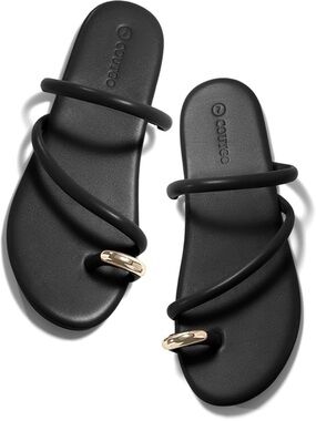 Coutgo Black Strappy Toe-Ring Sandals with Gold Accent